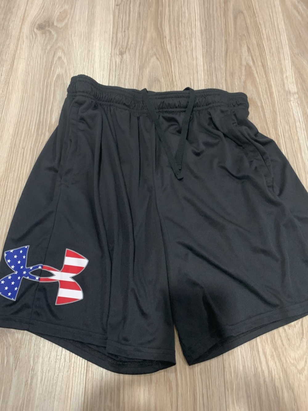 Under Armour Black Shorts with American Flag Logo Accent